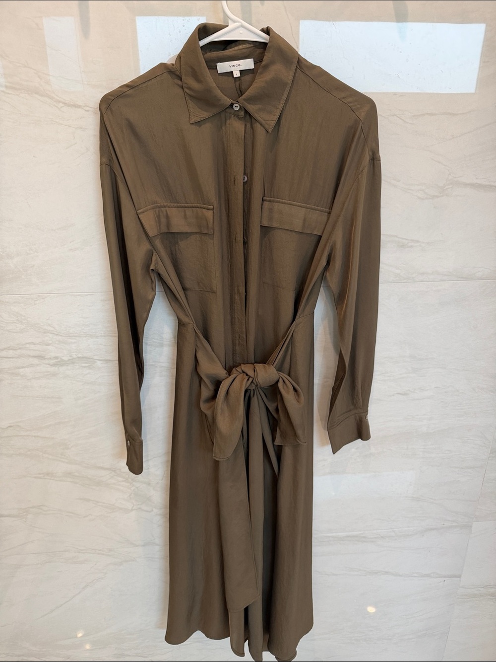 Vince Olive Brown Long-Sleeve Shirt Dress with Waist Tie